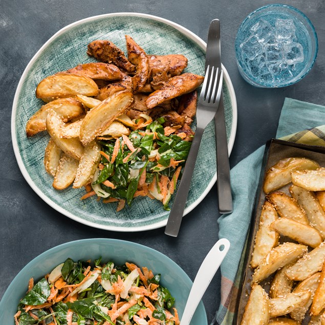 Lemony Garlic Chicken with Sesame Wedges & Crunchy Bok Choy Salad