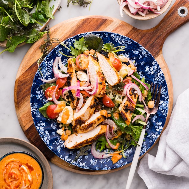 Romesco Grilled Chicken  with Sumac Onions & Feta Salad