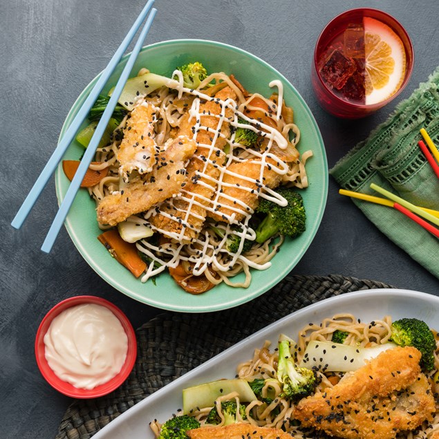 Crispy Crumbed Fish Yakisoba with Sesame Mayo