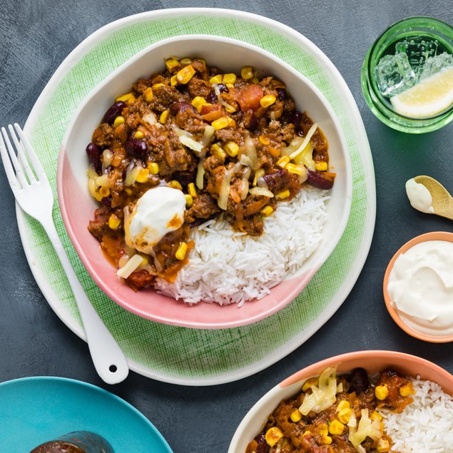 Beef Chilli Rice Bowls with Cheese & Sour Cream