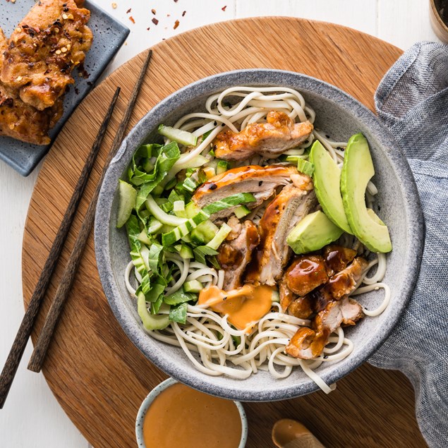 Korean Fried Chicken Noodle Bowl With Avocado And Gochujang Ranch My