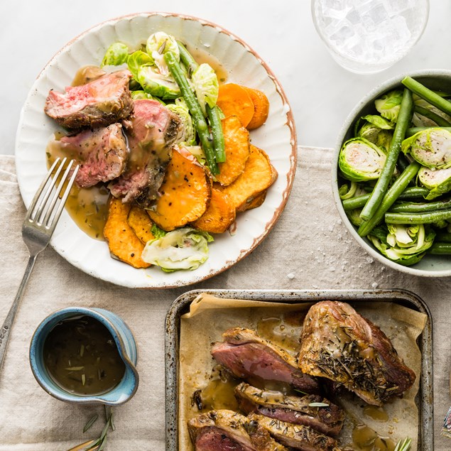 Butterflied Lamb Leg Roast With Kumara, Brussels & Rosemary Gravy - My ...