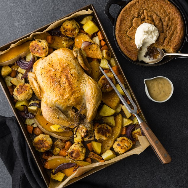 Whole Roasted Chicken with Stuffing Balls, Gravy & Ginger Self-Saucing Pudding