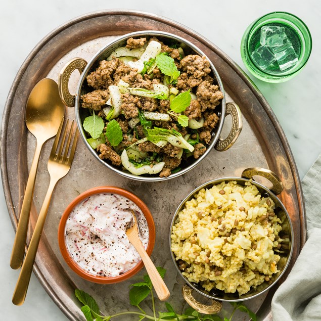 Indian Lamb, Lentil & Bulgur Pilaf with Radish Raita