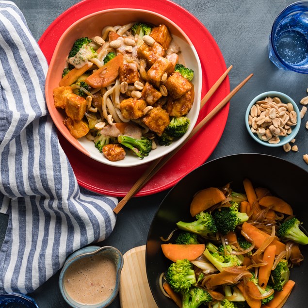 Sticky Oven-Baked Tofu with Udon Noodles & Peanut sauce