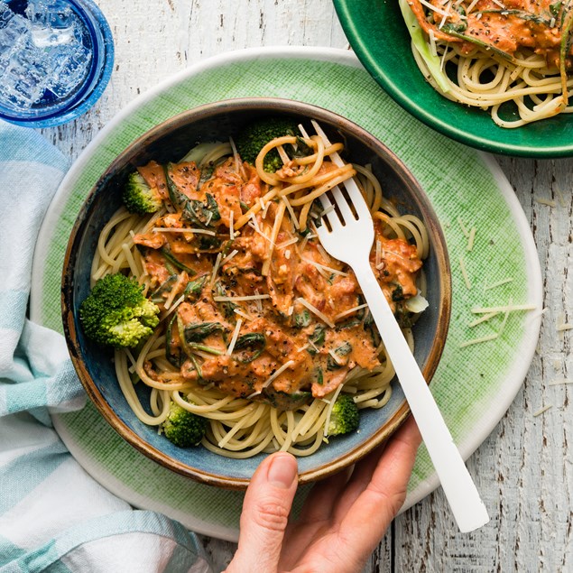 20-Minute Creamy Red Pepper Pesto & Bacon Pasta with Broccoli & Parmesan