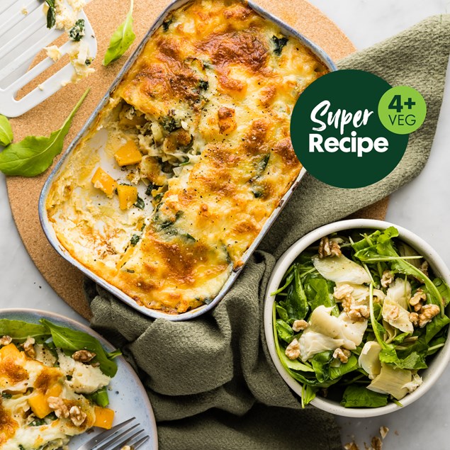 Pumpkin, Leek & Spinach Bake with Artichoke Rocket Salad