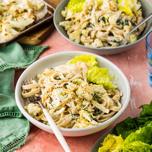 Creamy Alfredo Fettuccine with Cheesy Rosemary Roasted Cauli