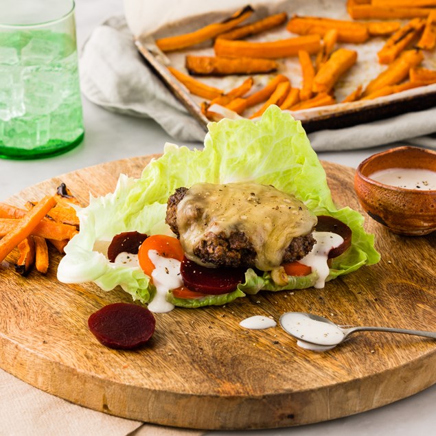 Fakeaway Beef & Venison Cheeseburgers with Beetroot & Garlic Aioli