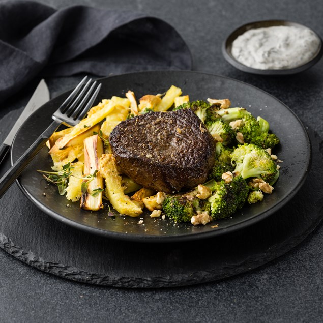 Gourmet Pan-Seared Beef Eye Fillet with Parmesan Thyme Oven Fries & Black Garlic Yoghurt