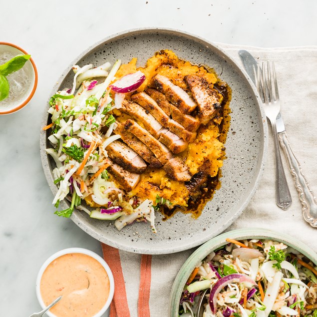 Pork Sirloin Steaks with Pumpkin Mash & Apple Slaw