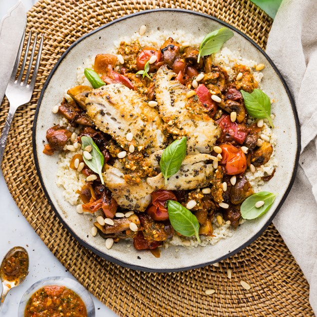 Pan-Seared Fish & Ratatouille with Tomato Pesto