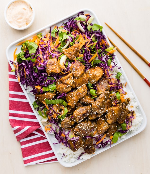 Soy Garlic Chicken Bites with Rainbow Pickles & Rice