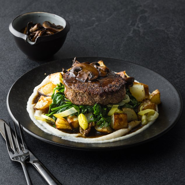 Black Pepper Seared Beef Eye Fillet  with Cauliflower Purée & Wilted Spinach