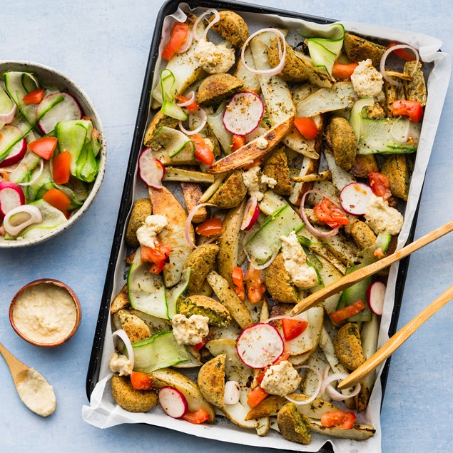 Batata Harra Loaded Wedges with Crispy Falafel & Pickled Veggies