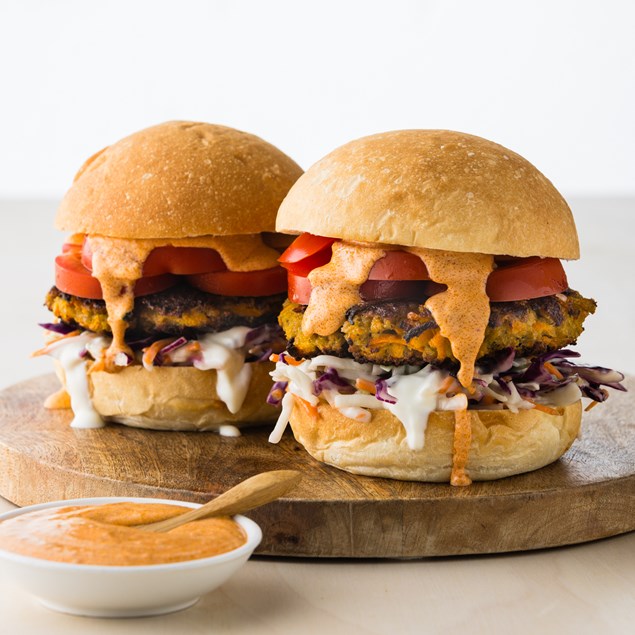 Basil & Lime Falafel Burgers with Roasted Red Pepper Yoghurt