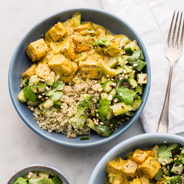 Malaysian-Style Tofu Satay with Smashed Cucumber Peanut Salad