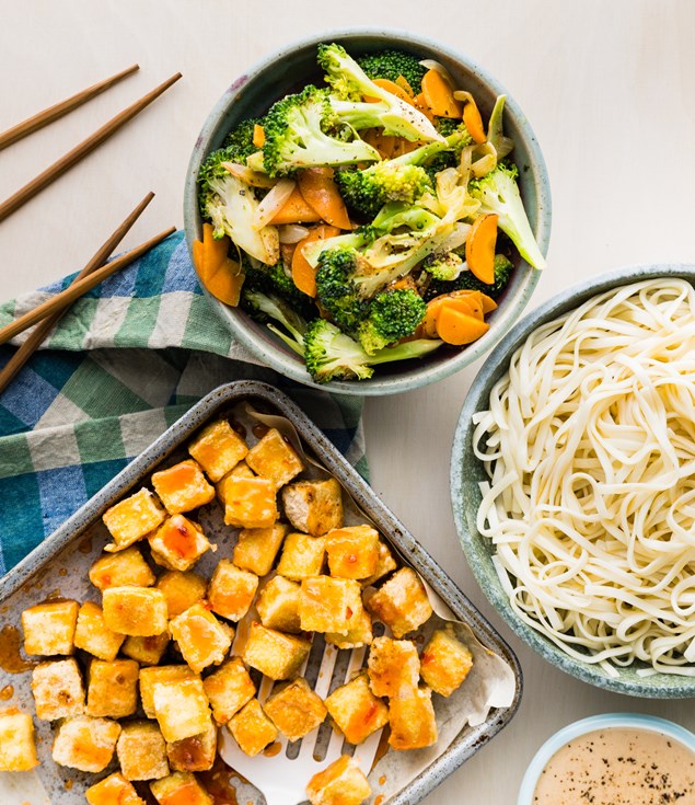 Sticky Oven-Baked Tofu with Udon Noodles & Peanut Sauce