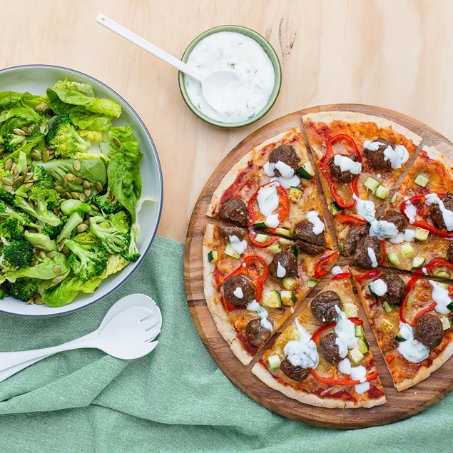Lamb Meatball Pizzas with Seeded Broccoli Salad