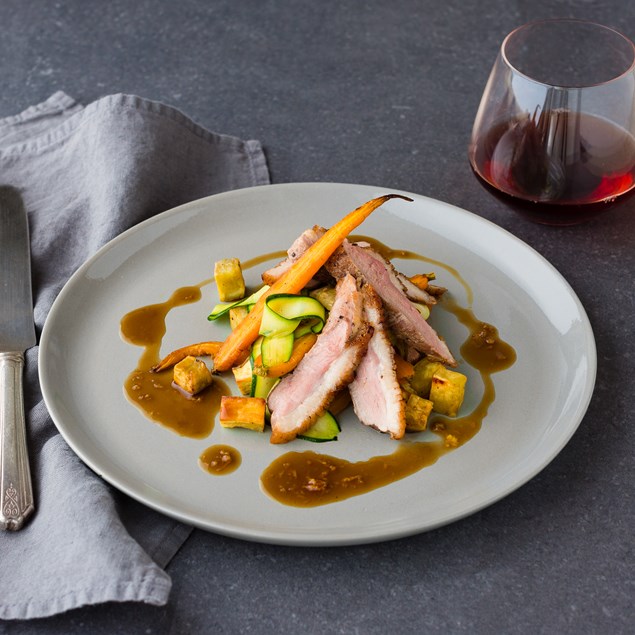 Pan-Fried Duck with Roasted Vegetables and Orange Jus 