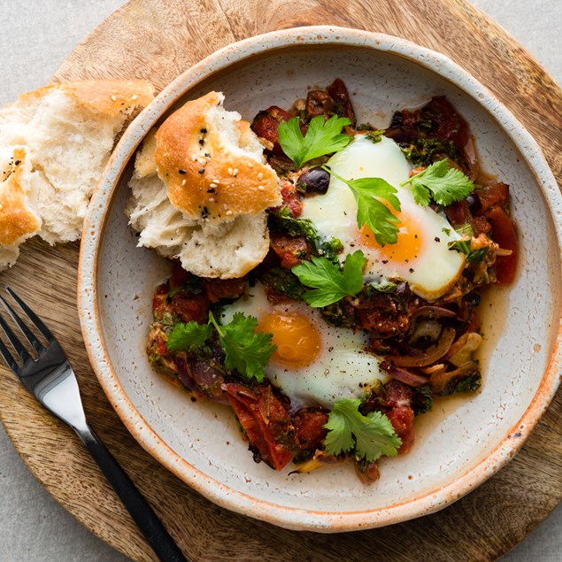 Shakshuka with Turkish Pide and Olives