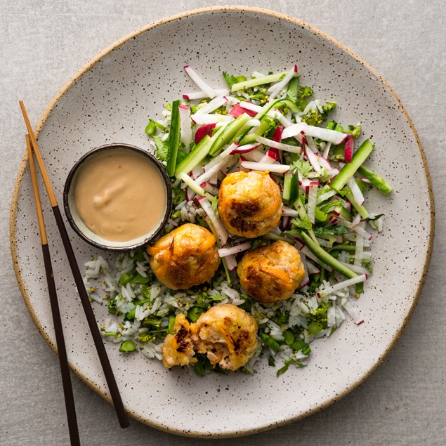 Ginger Chicken Meatballs with Green Rice and Satay Sauce 