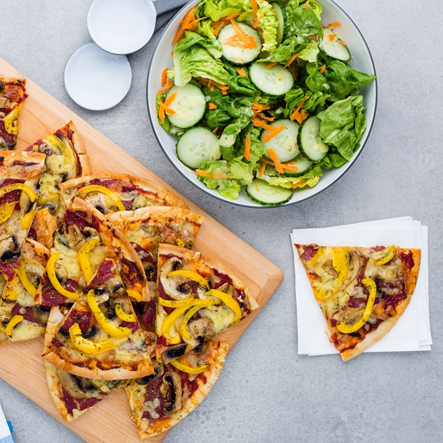 Salami Pizzas with Cos Salad