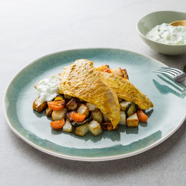 Korma Fish with Roast Vegetables and Cucumber Yoghurt