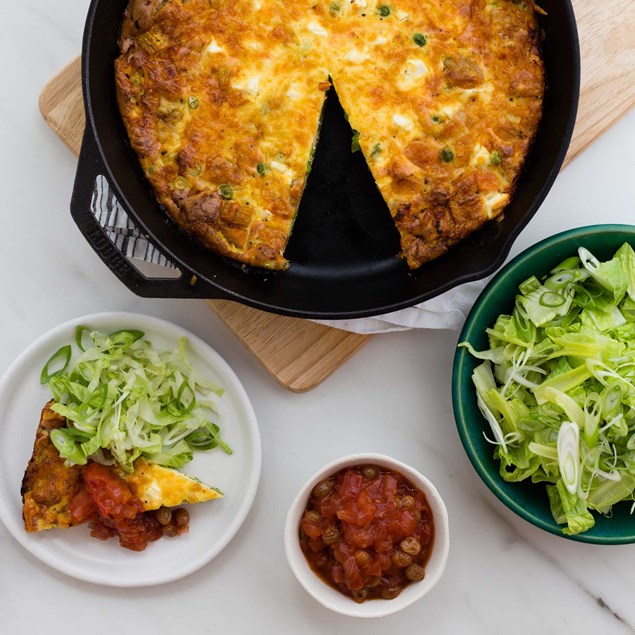 Roast Kumara, Pea and Feta Frittata with Warm Tomato Relish