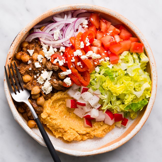 Greek Venison and Beef Bowls with Feta, Salad and Carrot Hummus