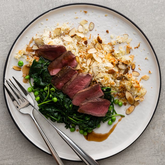 Venison Medallions with Cauliflower Almond Crumble and Buttered Greens