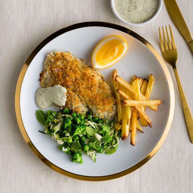 Crumbed Fish with Chips and Broccoli Smash 