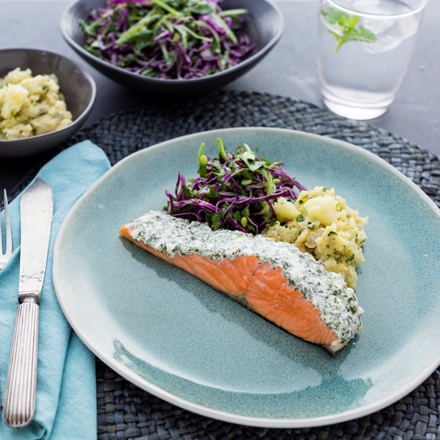 Herb-Crusted Salmon with Crushed Potatoes and Remoulade