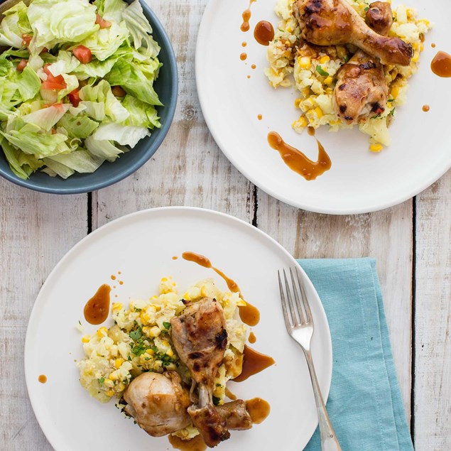 Sticky Chicken Drums with Corn and Coriander Potatoes