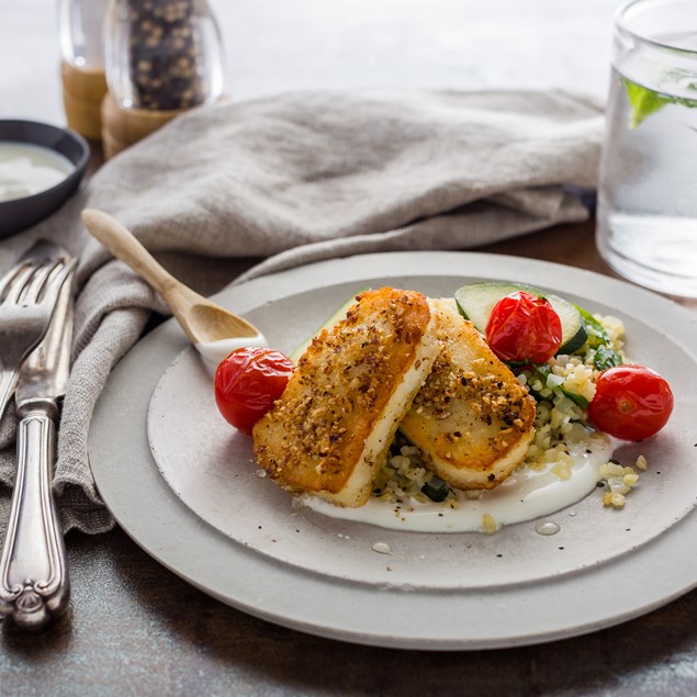 Almond Crusted Halloumi with Spinach Bulgur, Cherry Tomatoes and Courgettes