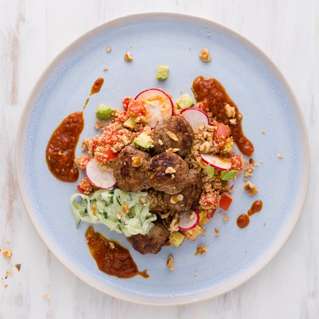 Lamb Meatballs with Kasundi Couscous and Cucumber Sour Cream