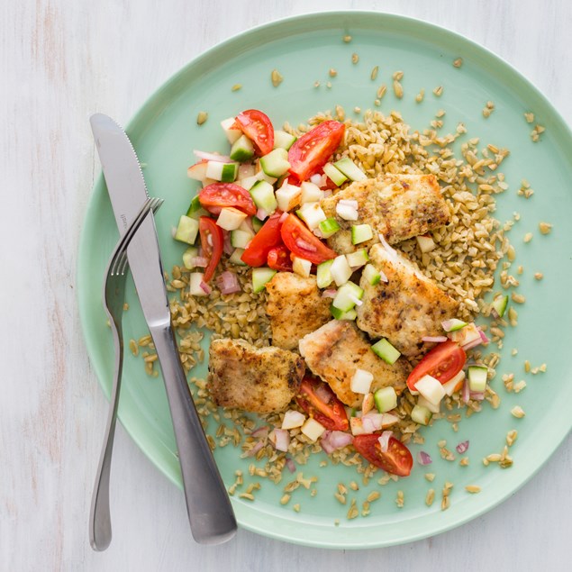 Chermoula Fish with Minted Freekeh, Yoghurt and Salsa