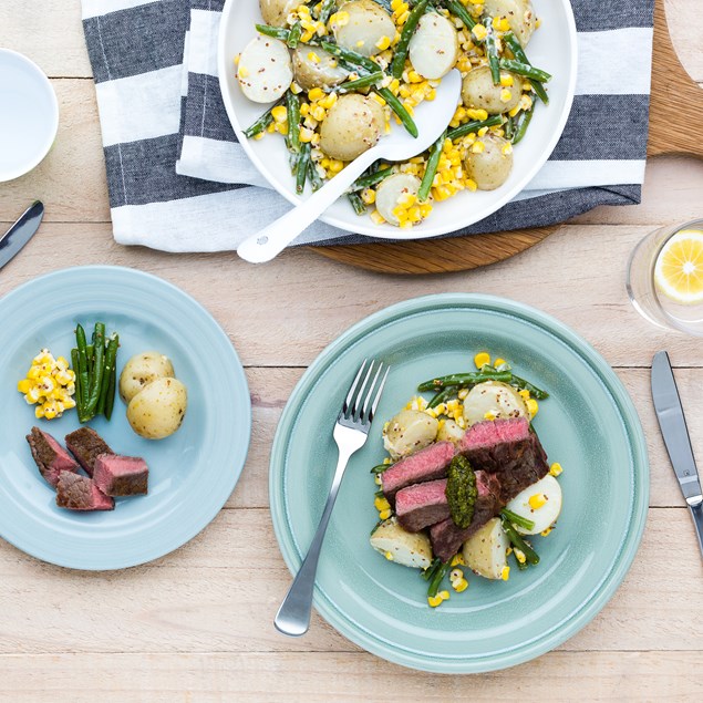 Spiced Scotch Fillet Steaks with Potato and Corn Salad