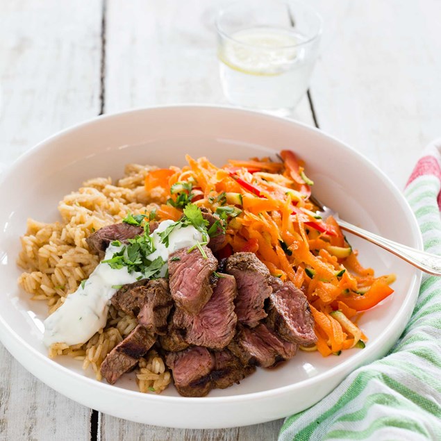 Spiced Lamb Rump Steaks with Pilaf and Carrot Salad 