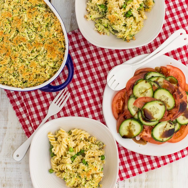 Pea Fusilli and Courgette Crumble with Sliced Salad