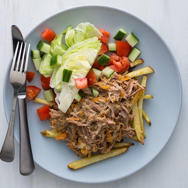 Pulled Lamb Loaded Fries with Iceberg Wedge Salad