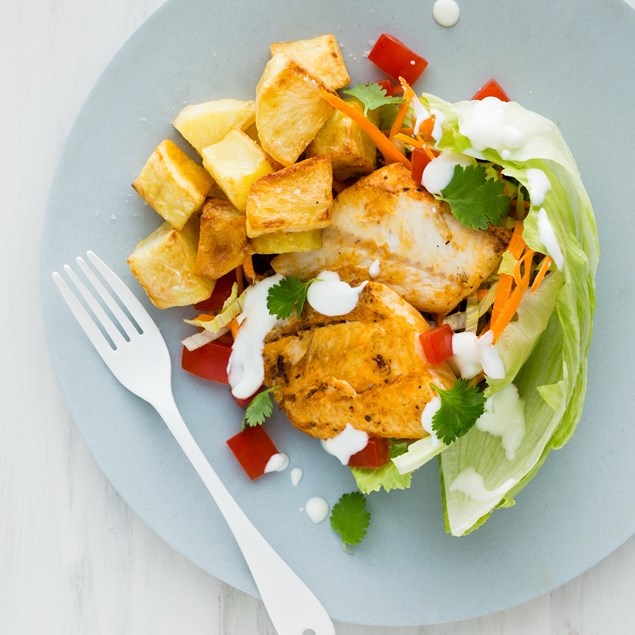 Portuguese Peri-Peri Fish Lettuce Wraps with Roasties