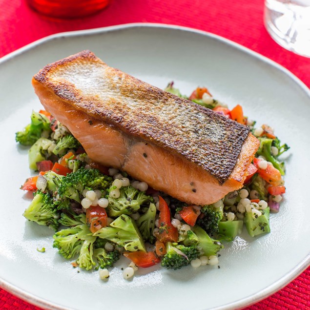 Crispy Skin Salmon with Salsa Verde and Pearl Couscous