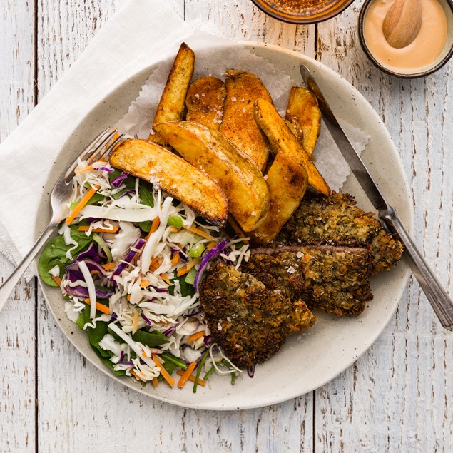 Crumbed Beef with Wedges & Smoky BBQ Aioli