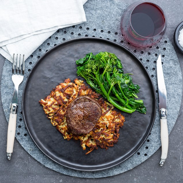 Beef Fillet with Horseradish Parsnip Rosti and Garlic Spinach