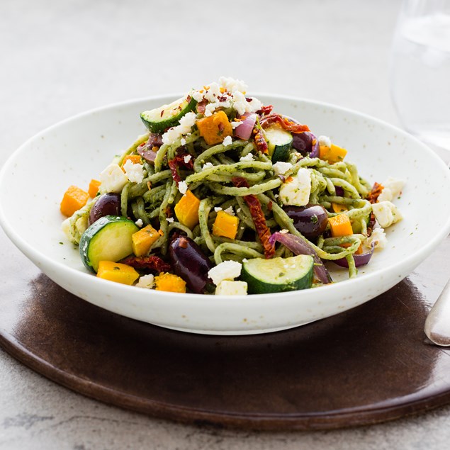 Roast Pumpkin and Rocket Pesto Pasta with Kalamata Olives