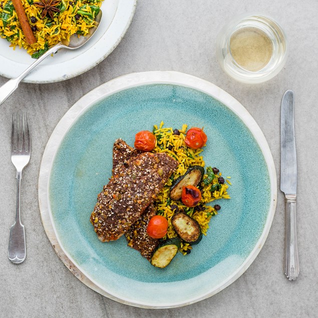 Harissa, Sesame and Pistachio Crusted Fish with Coconut Pilav