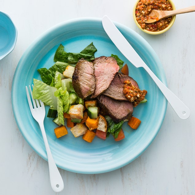 Moroccan Beef Steaks with Pumpkin and Bread Salad 