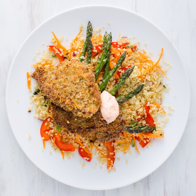 Pistachio Crusted Beef Schnitzel with Asparagus and Bulgur