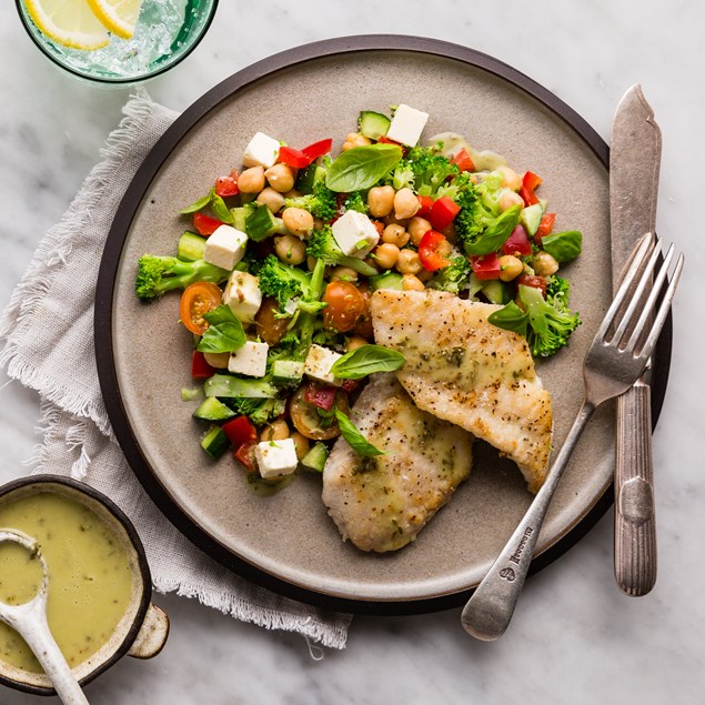 Lemon Pan-Fried Market Fish with Greek Chickpea Salad